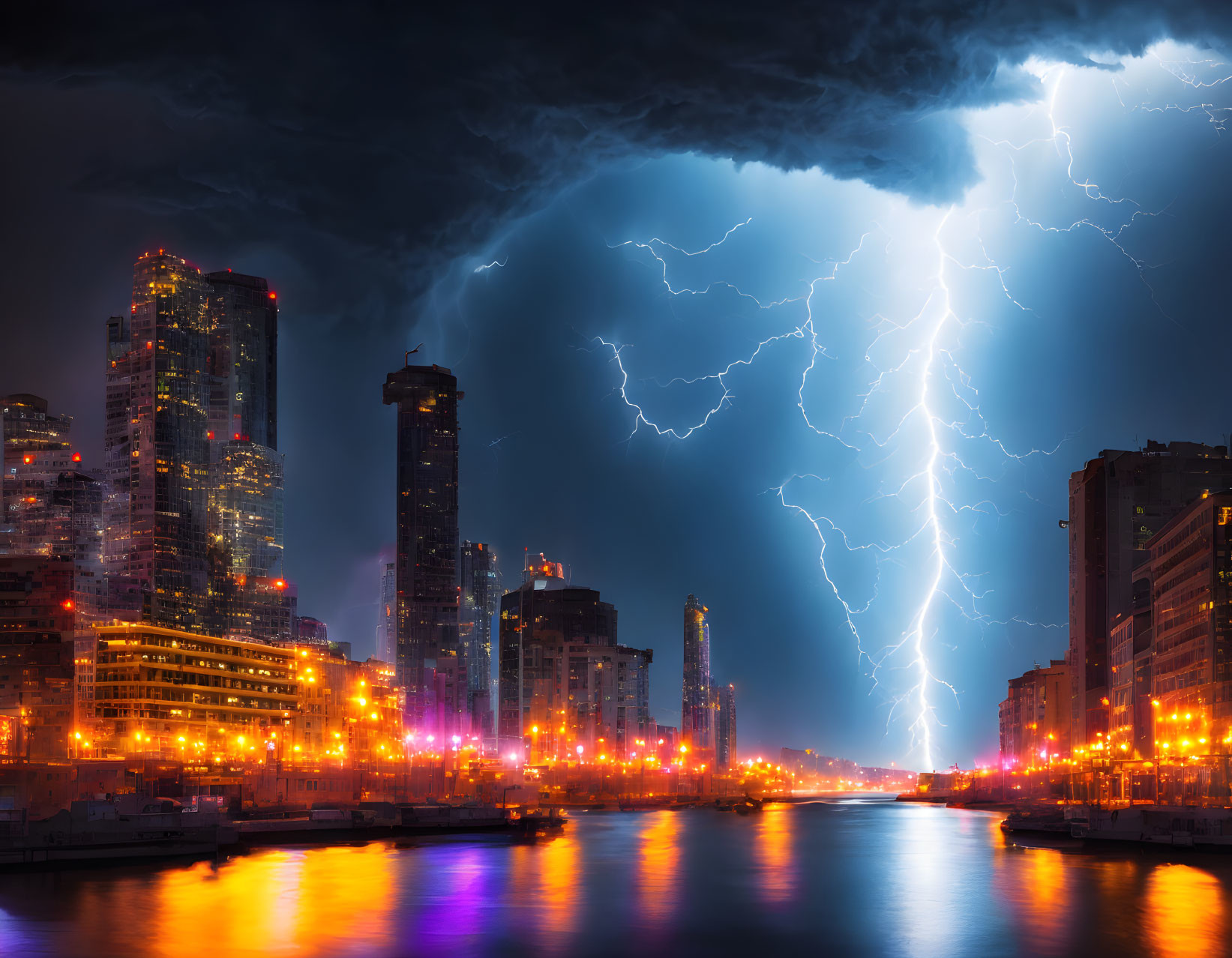 Vibrant lightning storm over dramatic cityscape at night