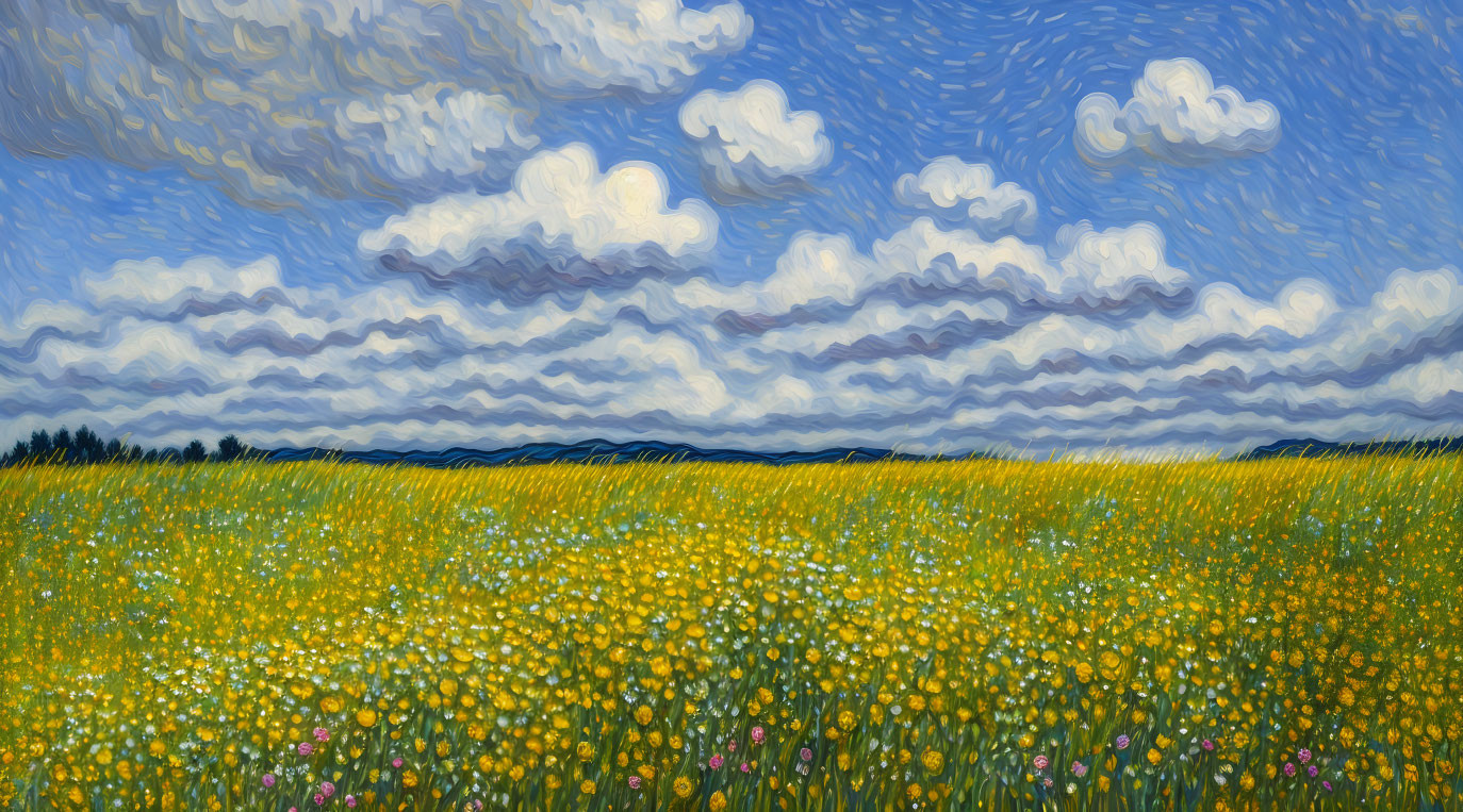 Colorful impressionistic painting of blooming meadow and dynamic sky