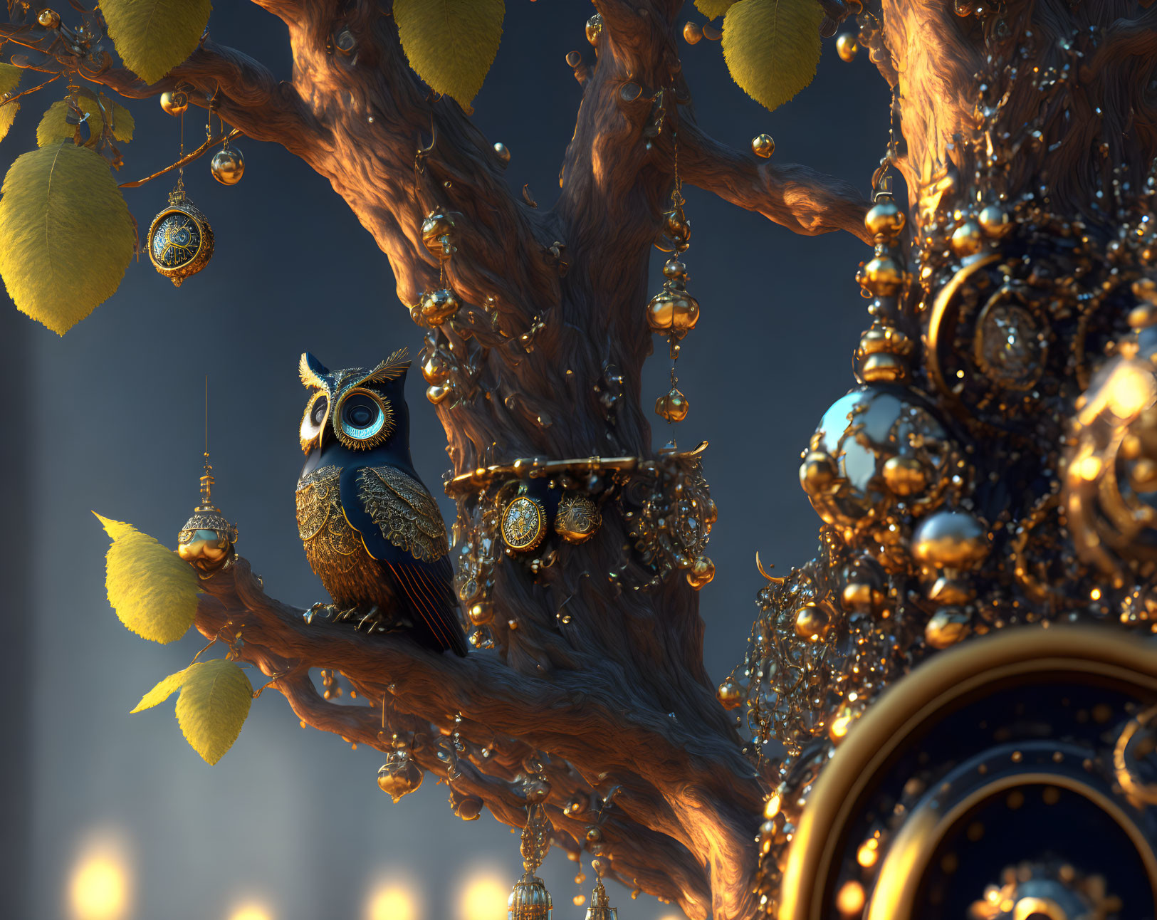 Steampunk owl sculpture on metallic tree with golden gears at twilight