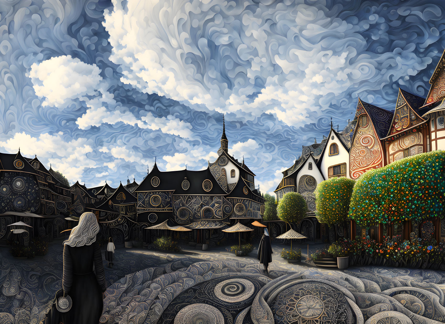 Surreal robed figure in whimsical landscape with ornate houses