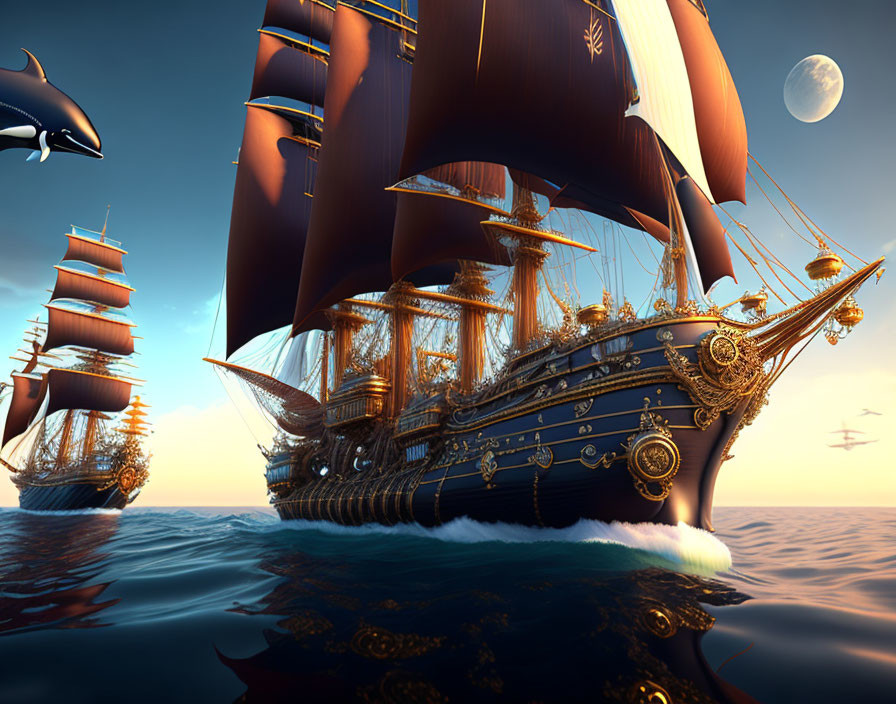 Golden-trimmed sailing ships on calm ocean at sunset with leaping dolphins and full moon