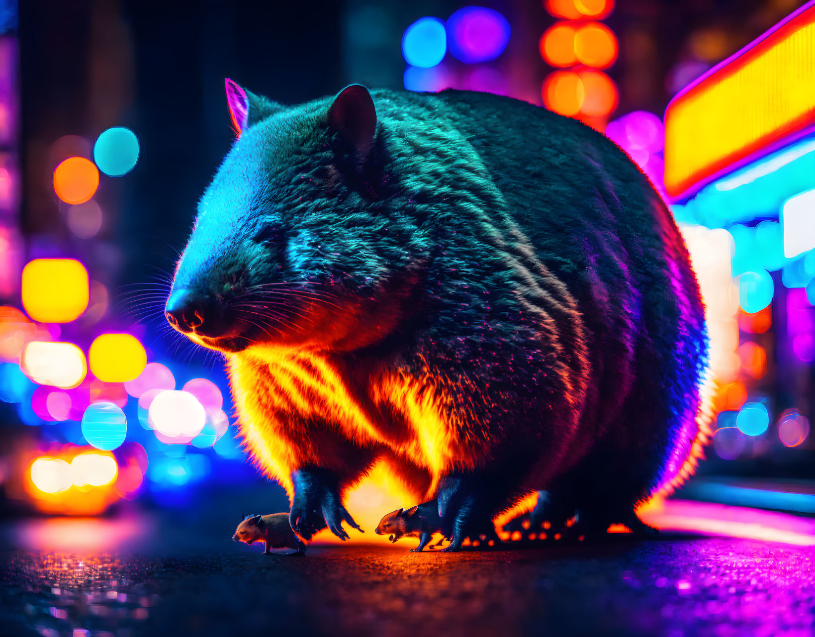 Colorful Enlarged Wombat in Neon Cityscape