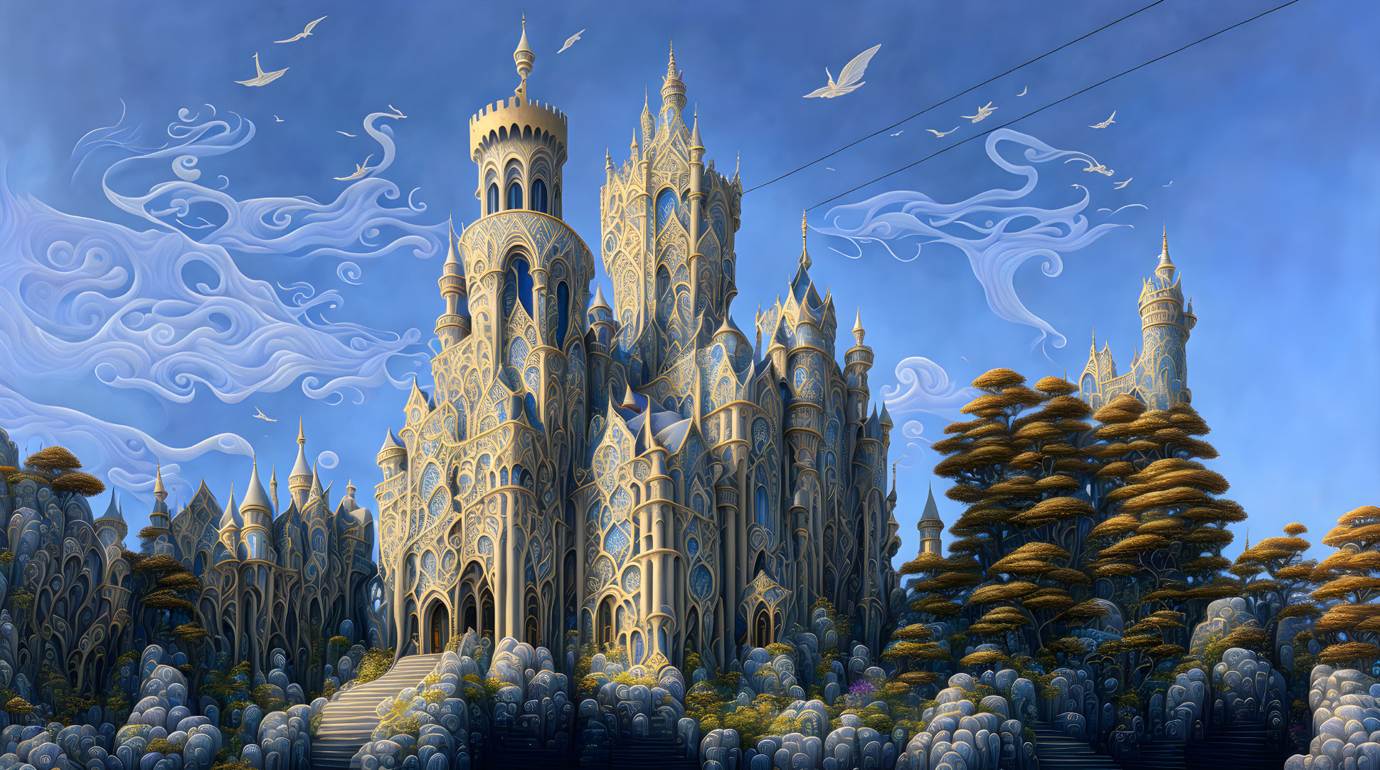 Intricate castle with whimsical trees under a patterned sky