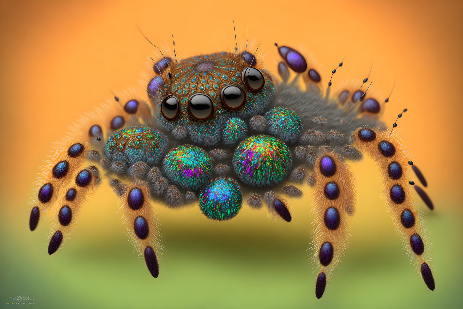 Detailed Digital Artwork of Vibrant Jumping Spider on Orange Background