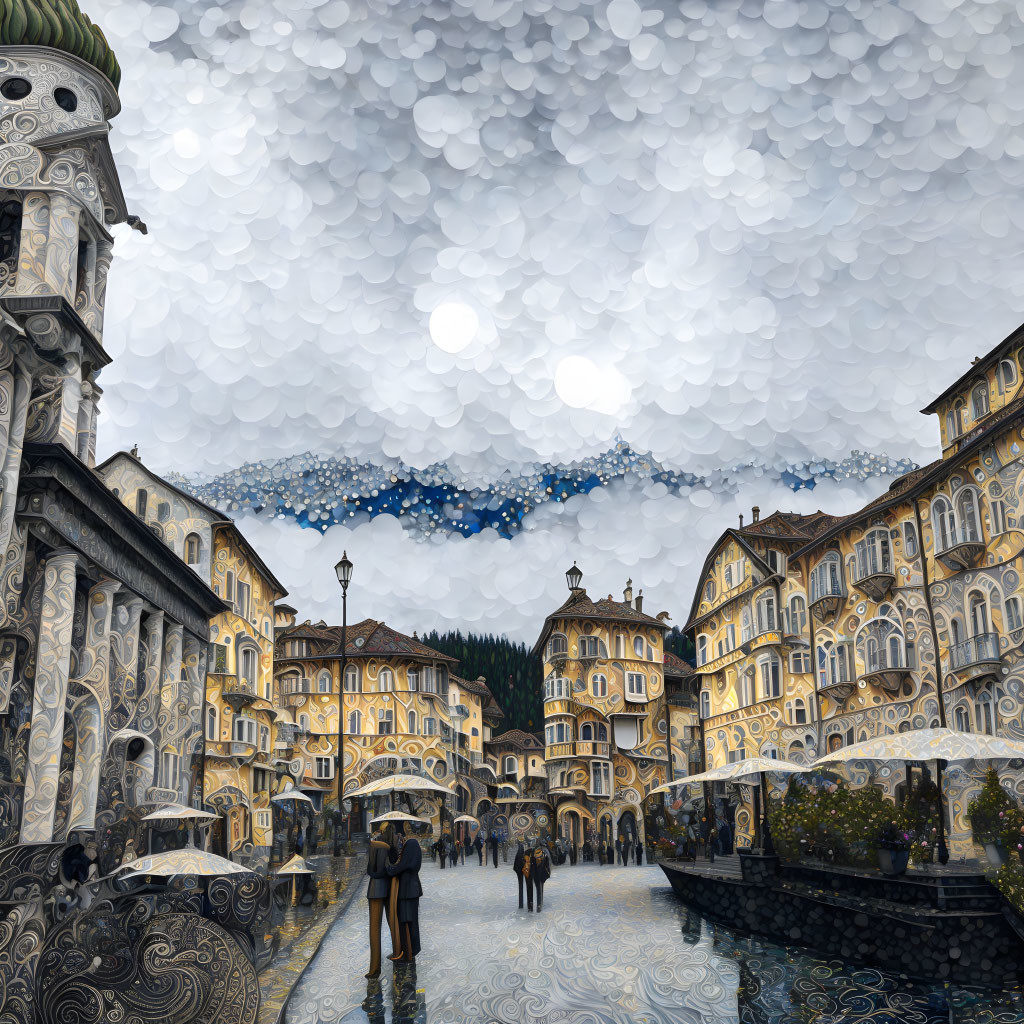 Digitally altered image: Couple in old European town square with baroque buildings under bubbly sky