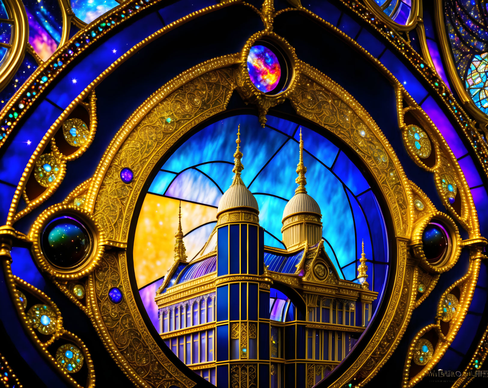 Intricate Blue and Gold Stained Glass Mosque Window at Sunset