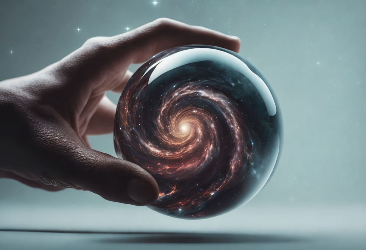 Hand holding transparent sphere with swirling galaxy on softly lit background