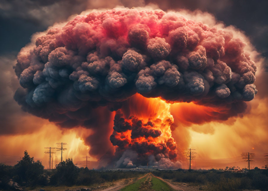 Explosion creates massive mushroom cloud in fiery colors.