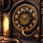 Ornate golden clock with serpentine figures on purple backdrop