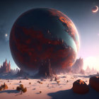 Snowy Sunset Landscape with Giant Otherworldly Planet & Celestial Bodies