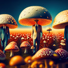 Surreal landscape featuring giant mushrooms and human figures with mushroom cap heads, surrounded by colorful fungi.