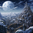 Futuristic city with towering spires under night sky and large moon