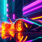 Futuristic neon-highlighted race car speeds in rain-slicked city.