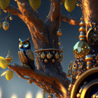 Steampunk owl sculpture on metallic tree with golden gears at twilight