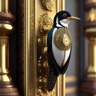 Woodpecker perched on ornate golden clock pillar