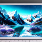 Framed digital artwork of snowy mountain landscape with blue lake