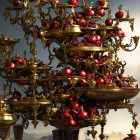 Golden candelabra with red pomegranates on gray background