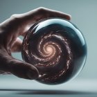 Hand holding transparent sphere with swirling galaxy on softly lit background