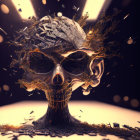 3D illustration of disintegrating skull with floating fragments and bright light beams