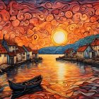 Colorful coastal village painting with sunset sky and boat