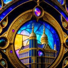 Intricate Blue and Gold Stained Glass Mosque Window at Sunset