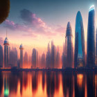 Futuristic skyline with glowing skyscrapers reflected in water at sunset