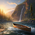 Tranquil lake scene with wooden boat, cliffs, and pine trees at sunset