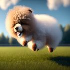 Fluffy toy-like dog chasing soccer ball on grassy field