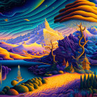 Colorful illustration of otherworldly landscape with stylized trees and buildings under starry sky