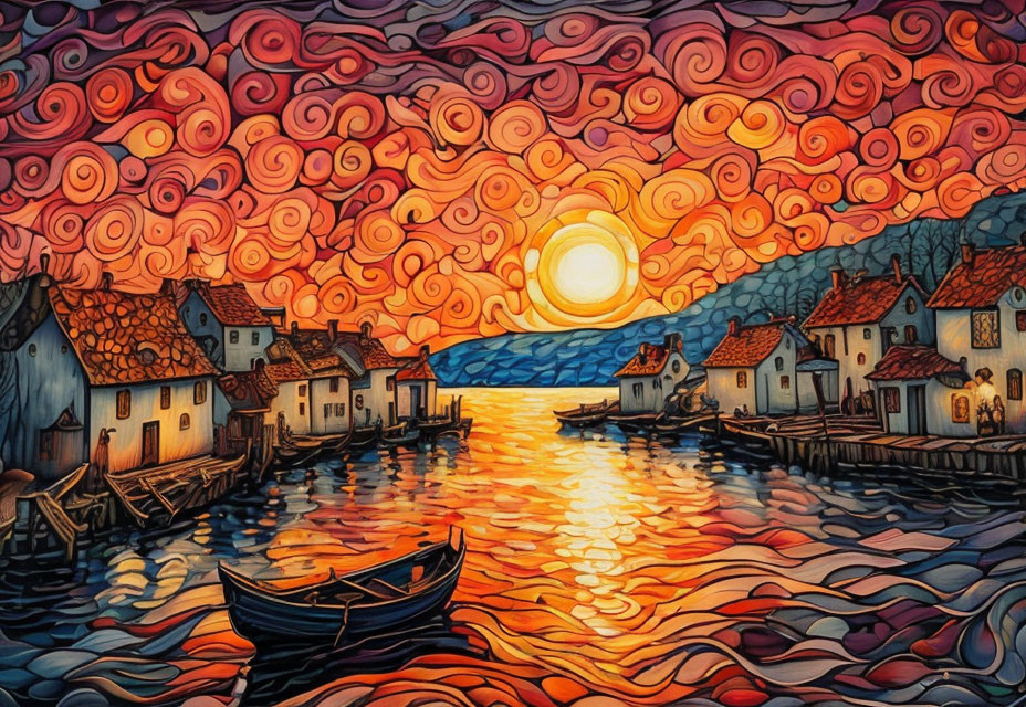 Colorful coastal village painting with sunset sky and boat