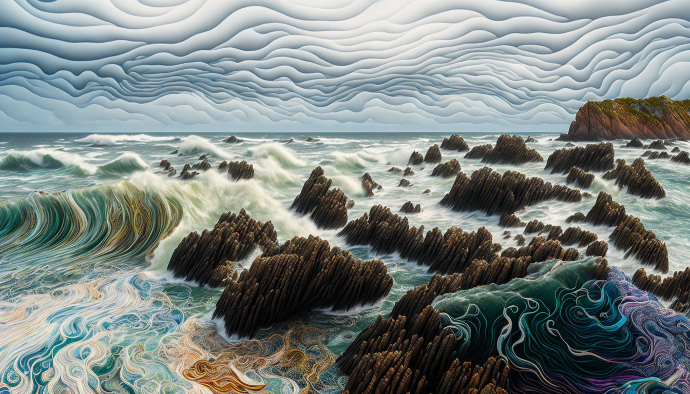 Surreal seascape with crashing waves and unique sky patterns