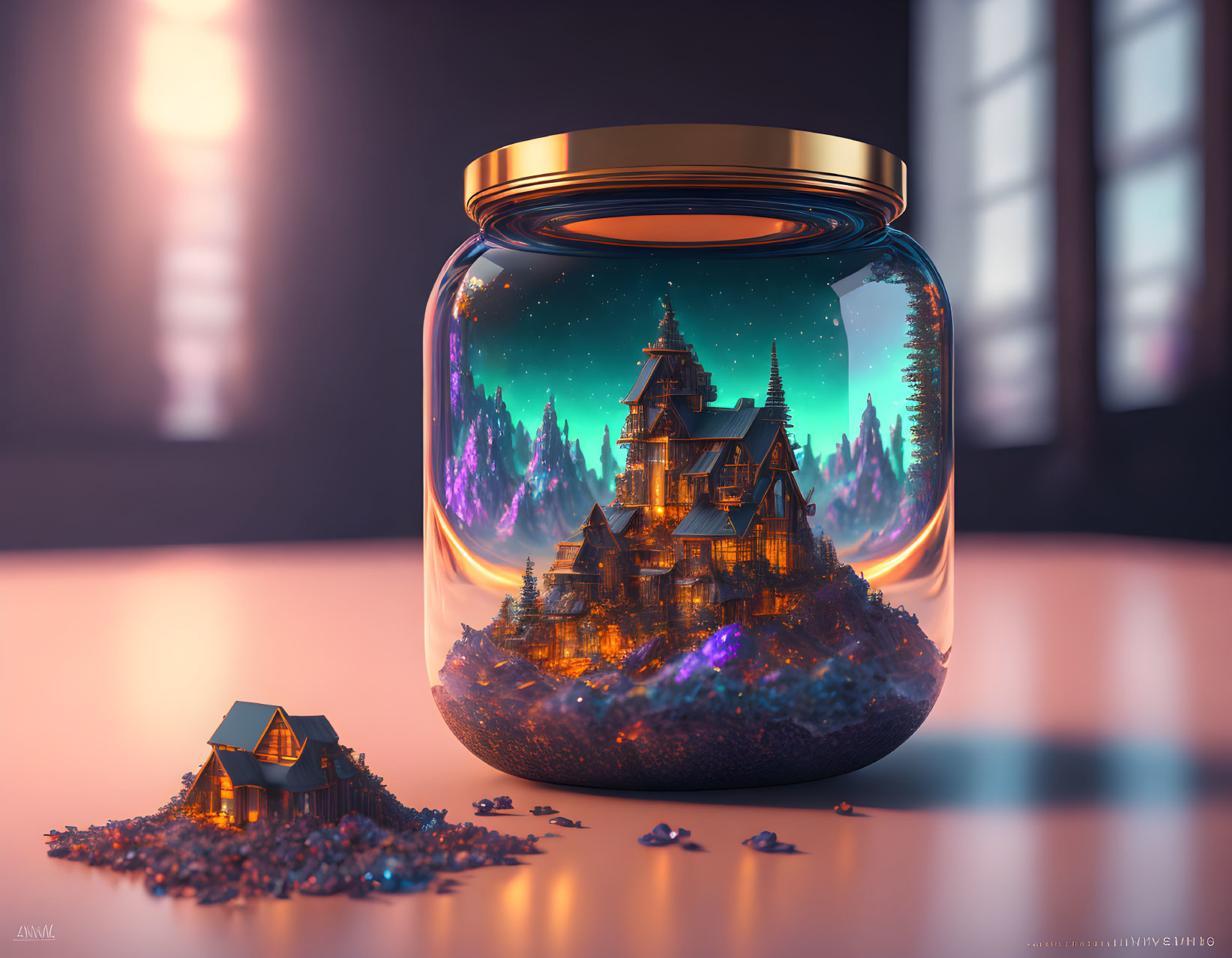 Fantasy illustration: Glowing castle in glass jar with aurora sky, tiny houses.