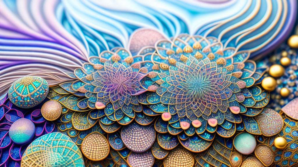 Colorful digital art: layered mandalas & geometric shapes in blue & purple gradient