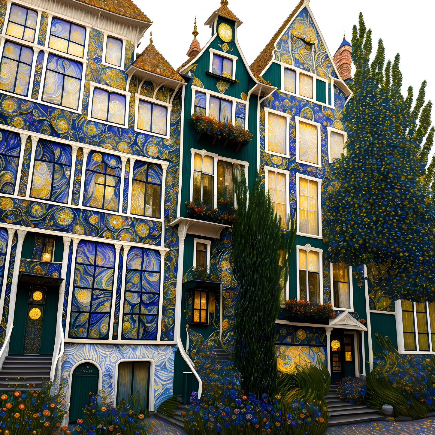 Colorful multi-story building with Van Gogh 'Starry Night' inspired façade and golden swirl