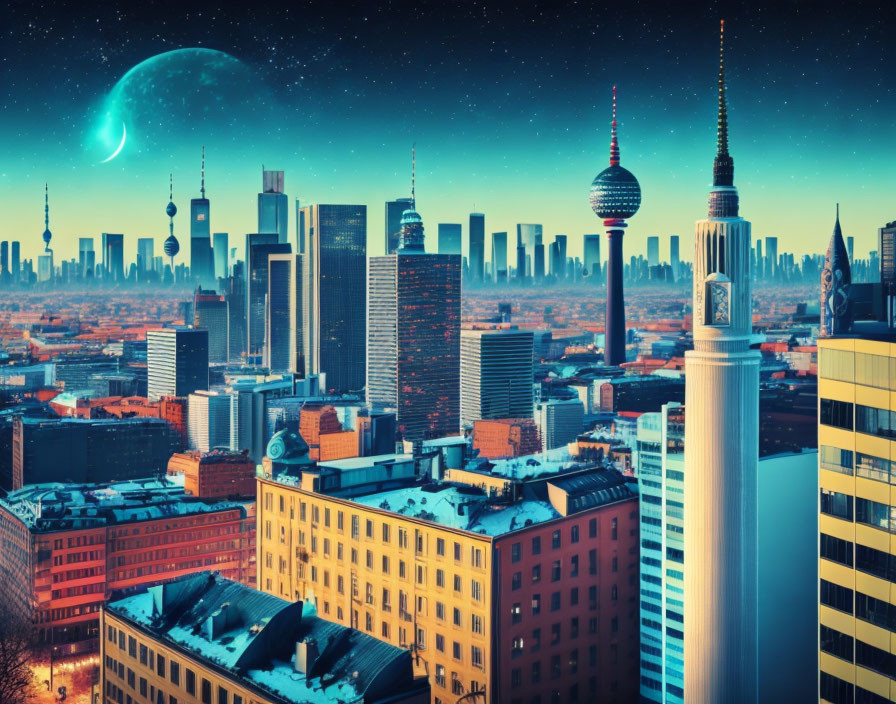 Futuristic city skyline with large moon and illuminated skyscrapers