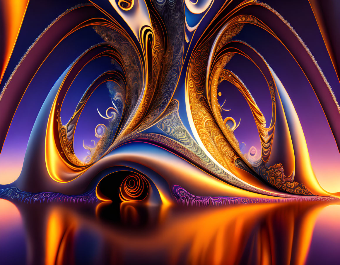 Colorful Fractal Image with Swirling Patterns in Blues, Oranges, and Purples