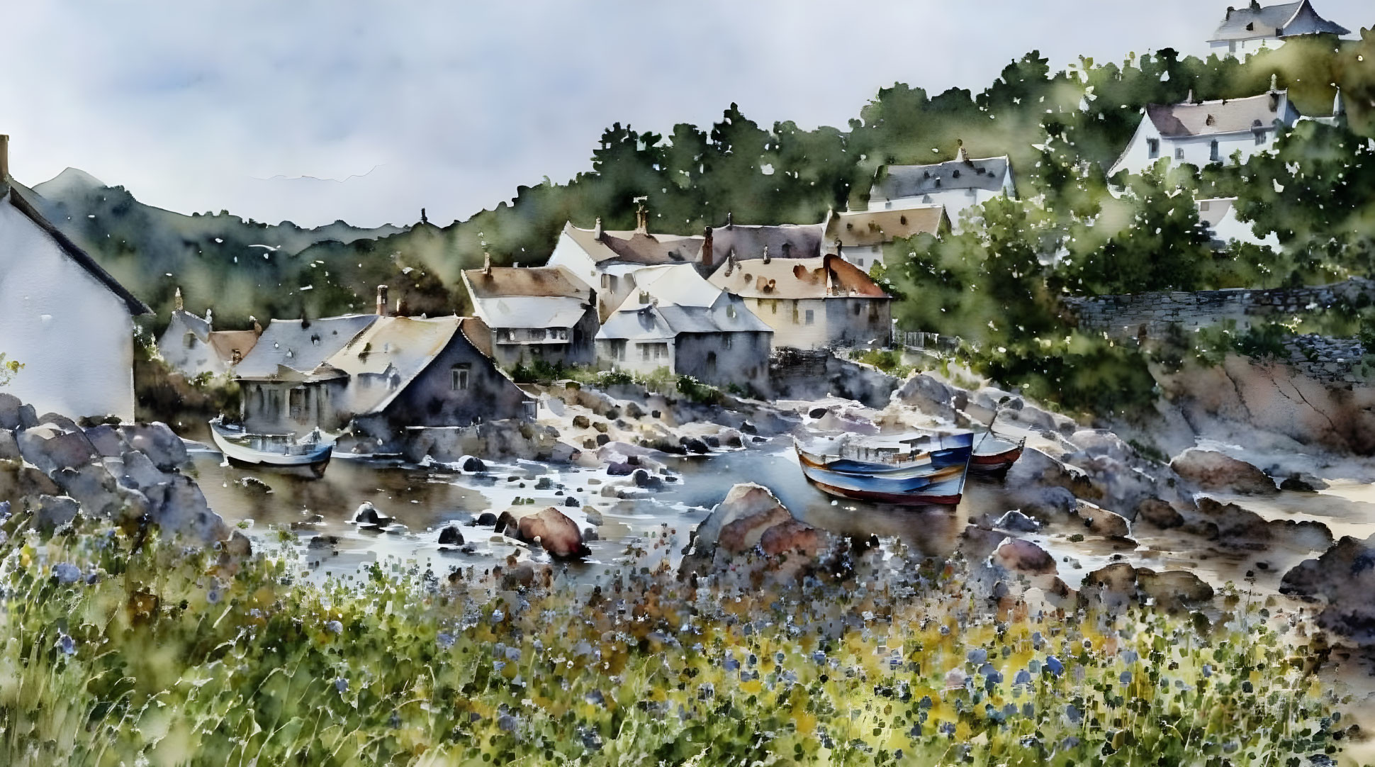 Coastal village watercolor painting with houses, boats, rocky shore, green hills, cloudy sky