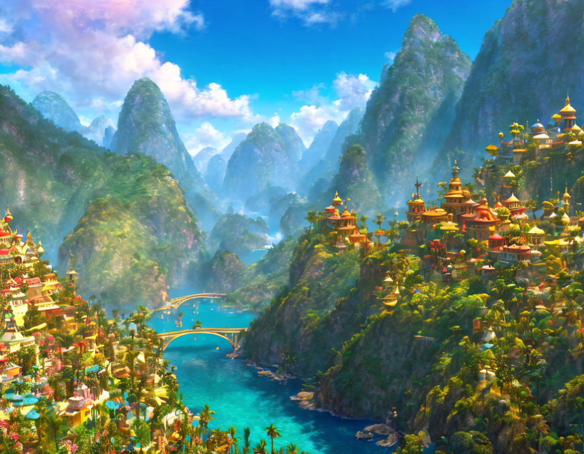 Fantastical landscape with ornate buildings and turquoise river