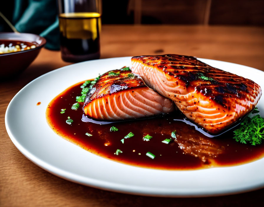 Salmon Fillets with Herbs, Glaze, Rice, and Drink on White Plate