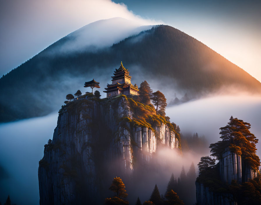 Traditional Pagoda on Misty Mountain Cliff with Trees and Clouds