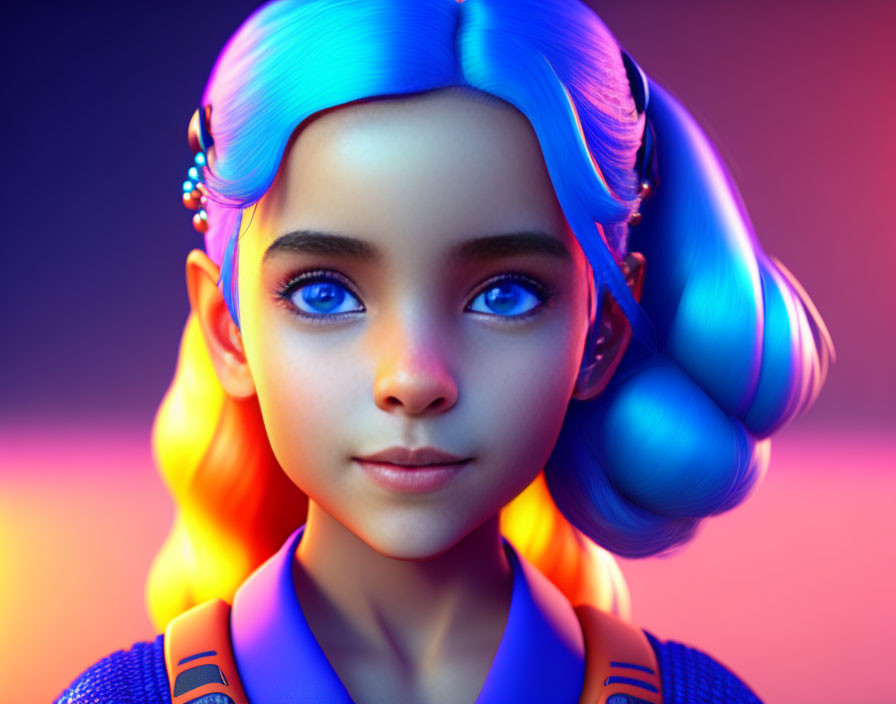 Colorful digital portrait: girl with blue hair and large eyes, illuminated by gradient lighting.