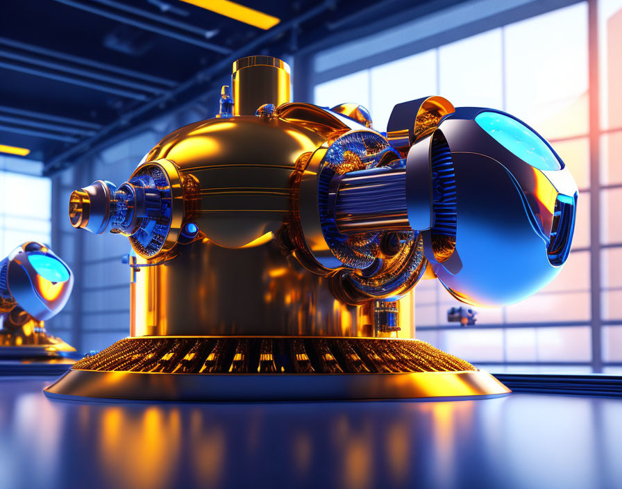 Metallic Blue and Gold Futuristic Machine in High-Tech Facility