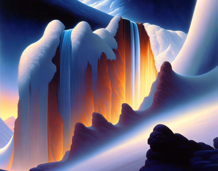 Surreal landscape with glowing lava waterfall and snow under twilight sky