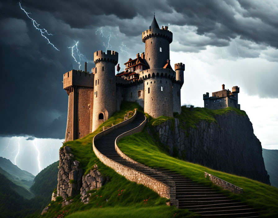 Medieval castle on hill with winding staircase under stormy sky