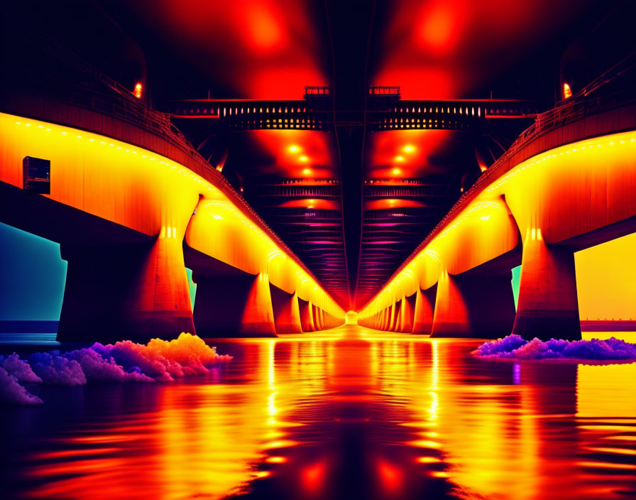 Dual-arched bridge illuminated at night over calm water in vibrant colors