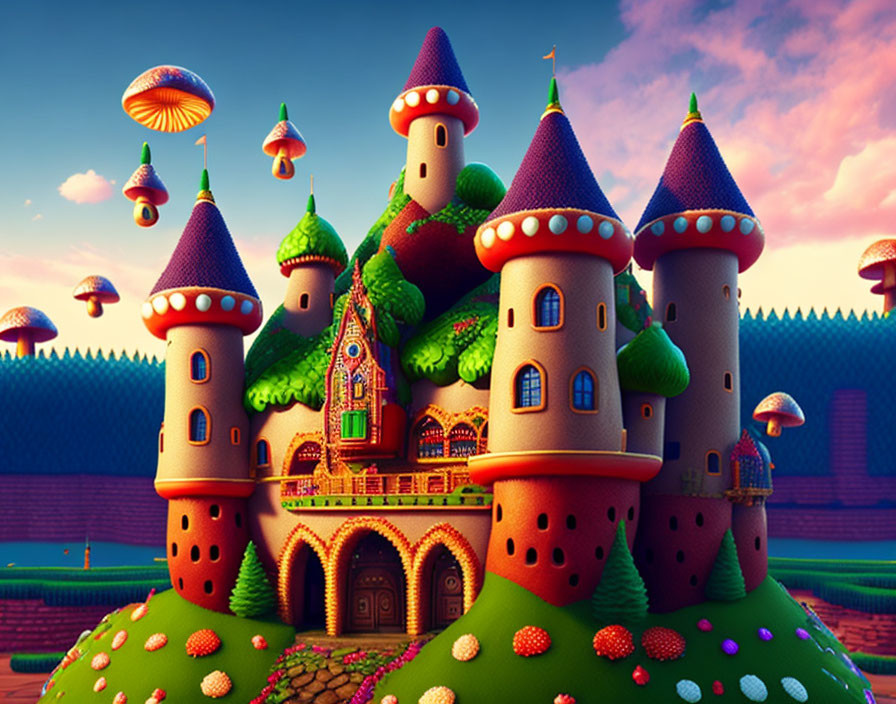 Whimsical castle with mushroom turrets in fantasy landscape