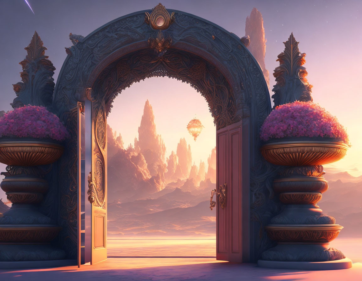 Ornate open doorway to fantastical landscape with towering rock formations and large flower-filled urns