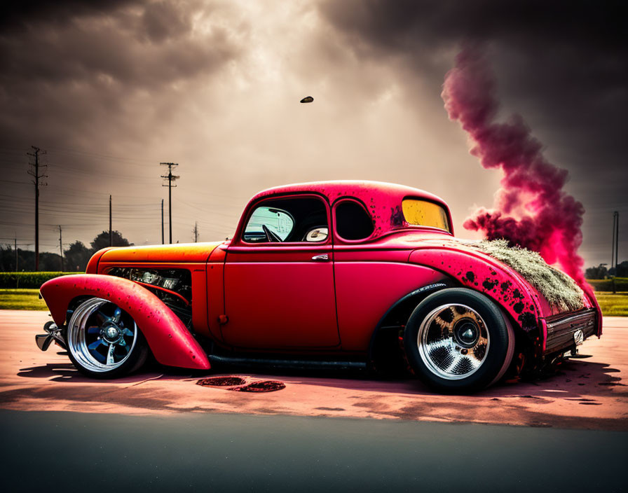 Vintage Red Hot Rod with Orange Flames and Chrome Detailing in Pink Smoke under Dramatic Cloudy Sky