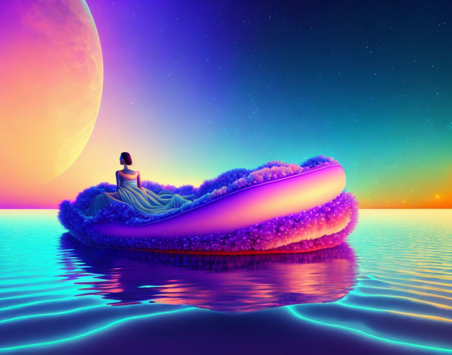 Person meditates on lush island under large moon in surreal dreamscape