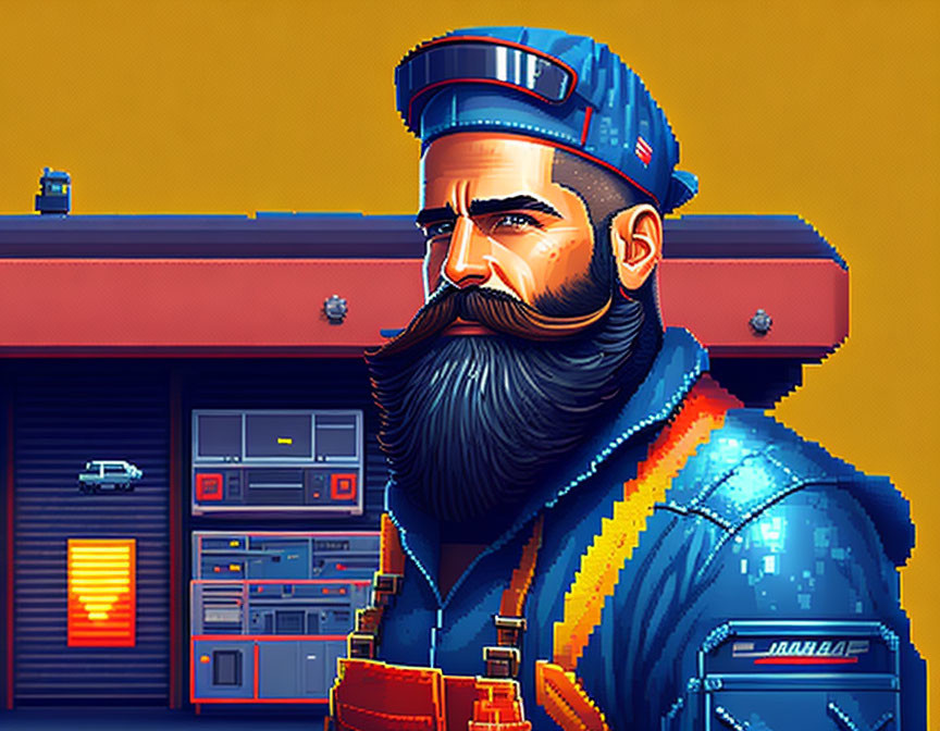 Bearded mechanic pixel art with cap, garage backdrop, vibrant colors